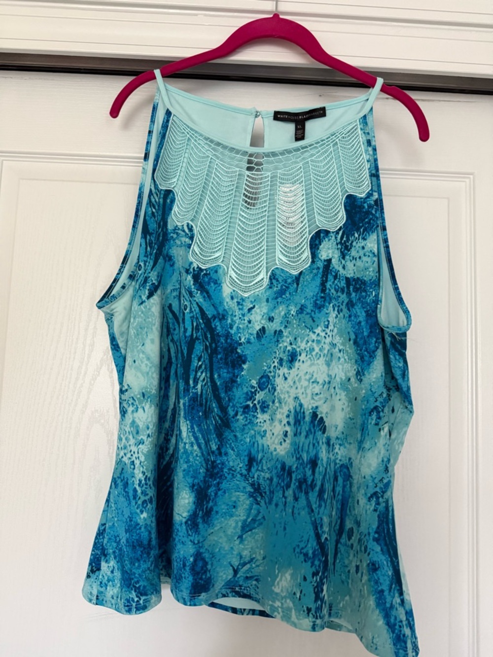 White House Black Market Aqua Blue Lace Yoke Sleeveless Top